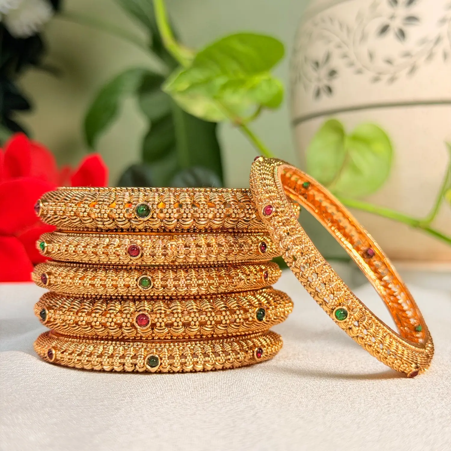 Beaded Textured Antique Gold Bangles with Gemstone Accents