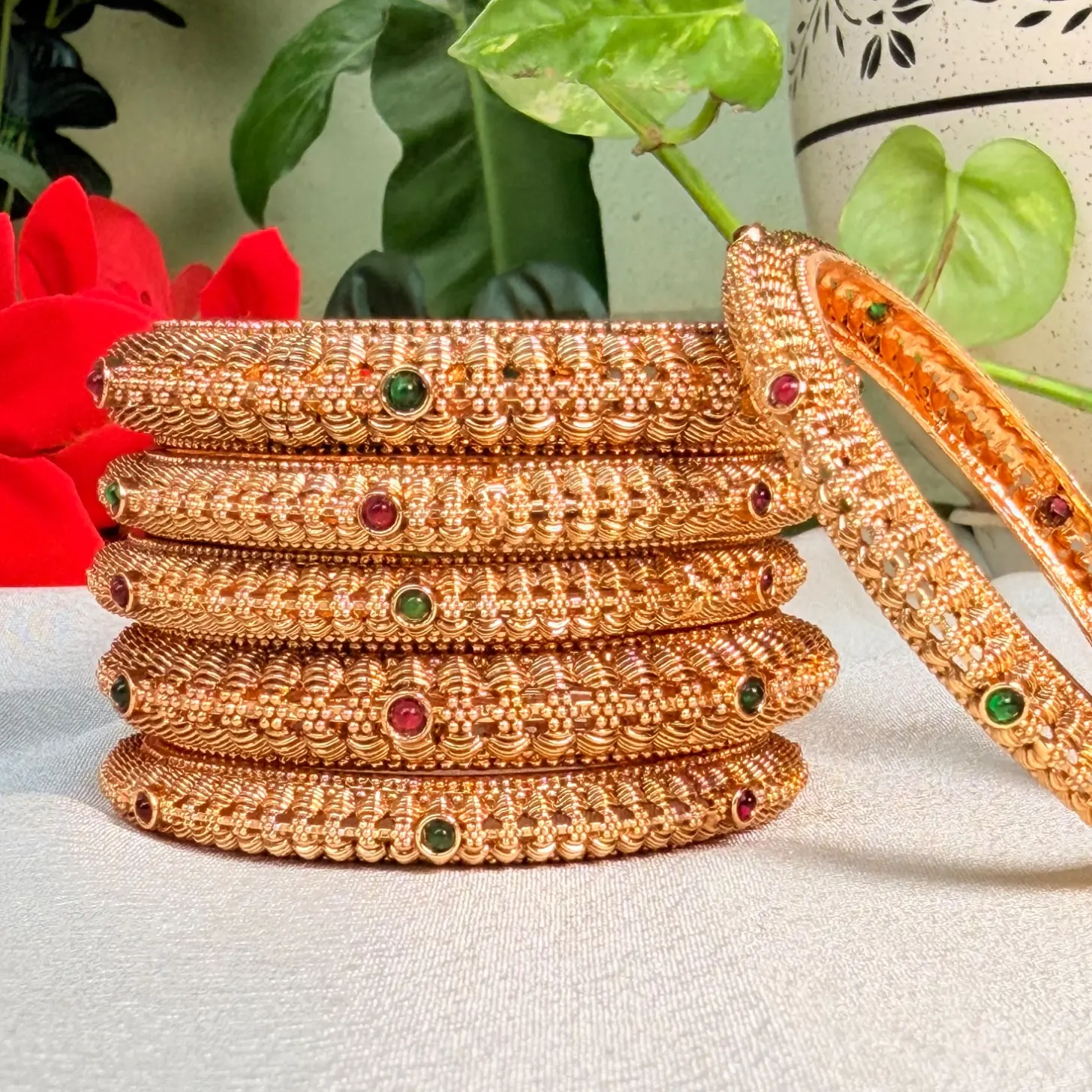 Beaded Textured Antique Gold Bangles with Gemstone Accents