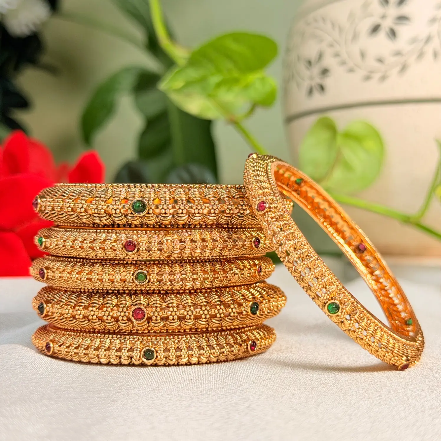 Beaded Textured Antique Gold Bangles with Gemstone Accents