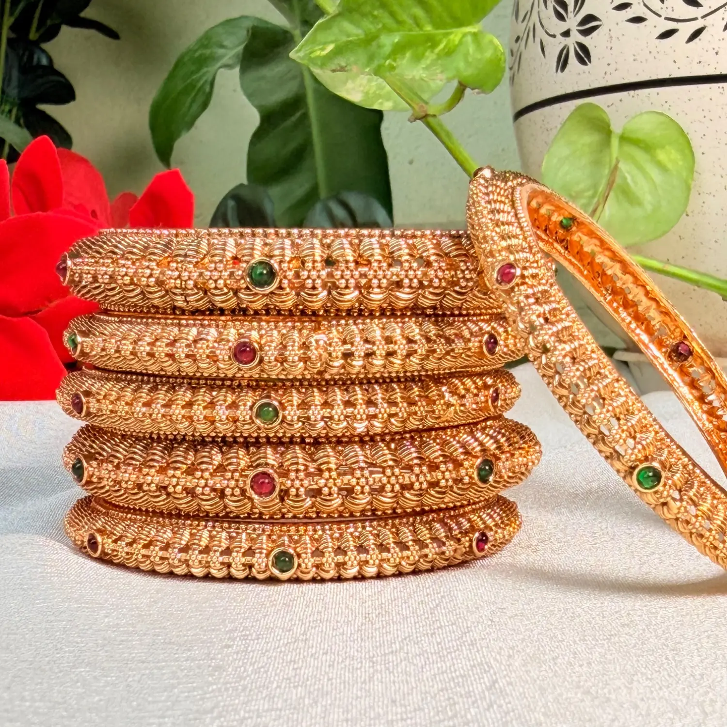 Beaded Textured Antique Gold Bangles with Gemstone Accents