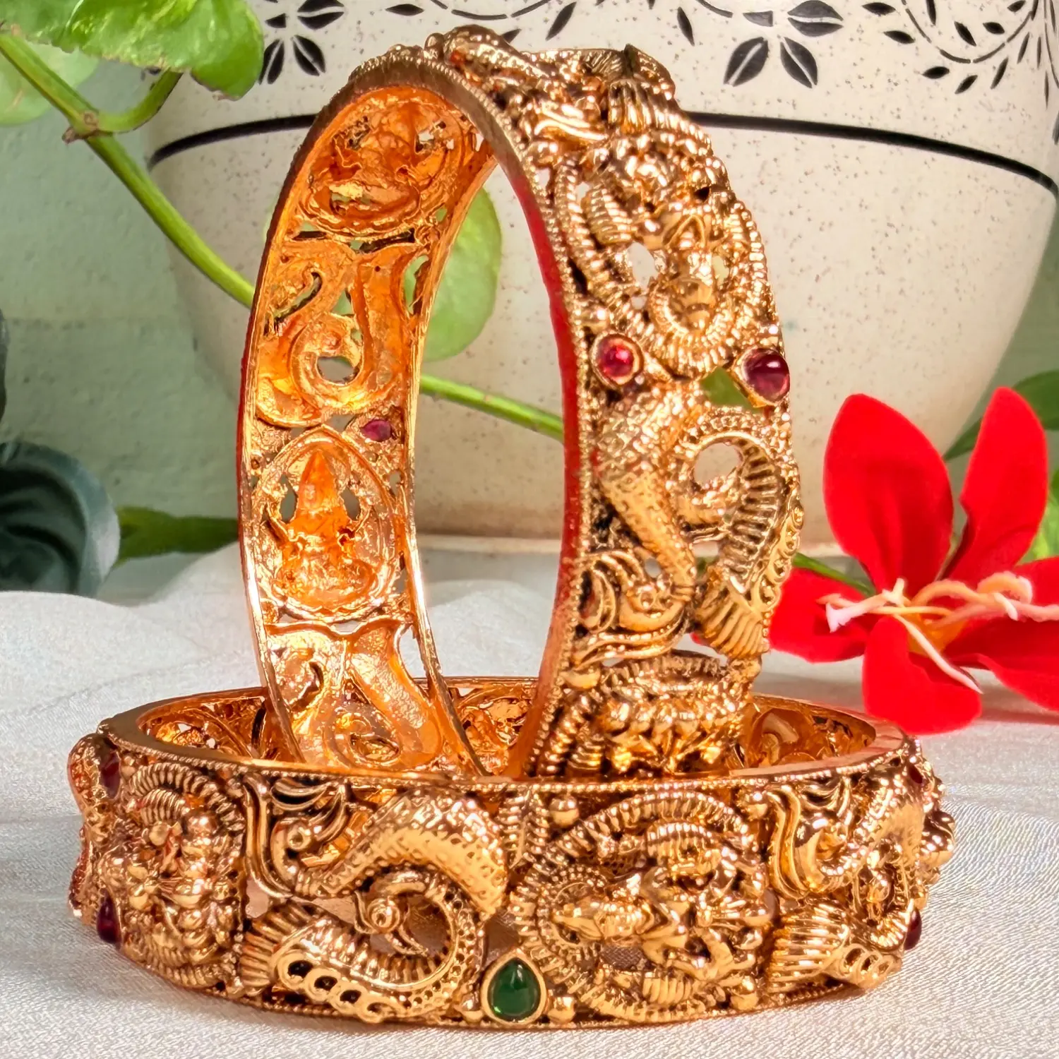 Peacock and Goddess Motifs Intricate Temple Antique Bangles