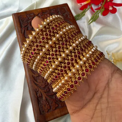 Premium Kundan Pearl Bangles Combo pink and white