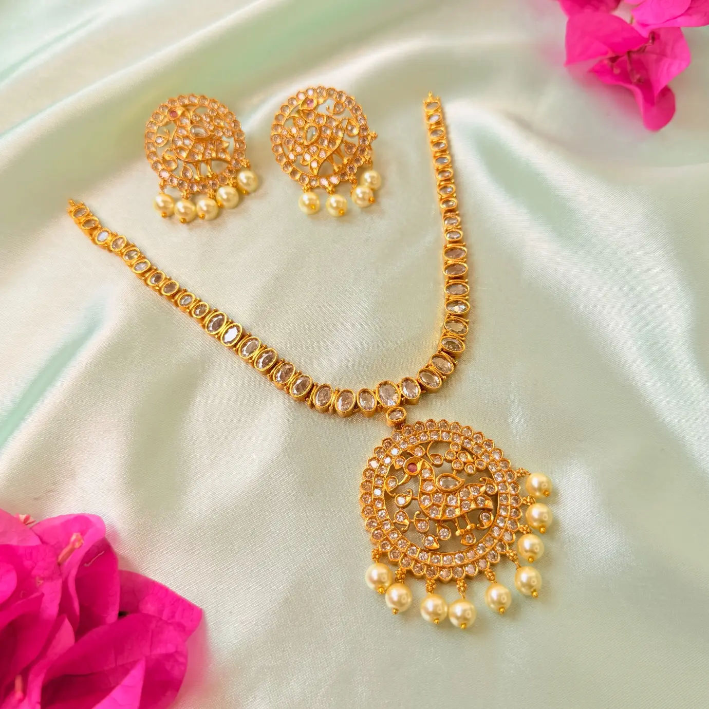 Peacock Filigree Uncut CZ Pendant Necklace Set SJAD004