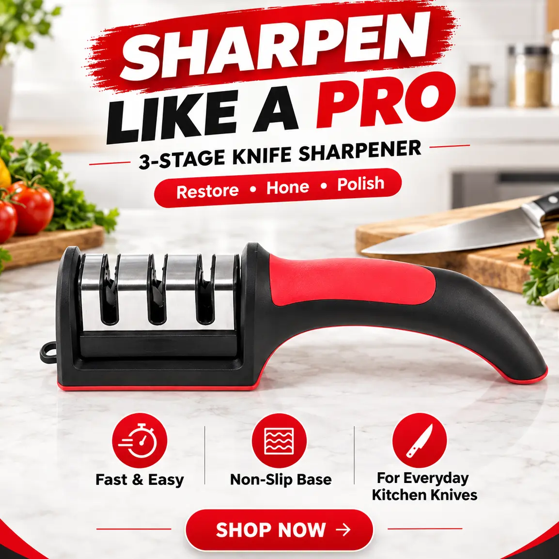 Premium 3-Stage Knife Sharpener – Safe, Non-Slip Base, Ergonomic Handle – For All Steel Knives, Scissors & Ceramic Blades – Kitchen Knife Sharpening Tool