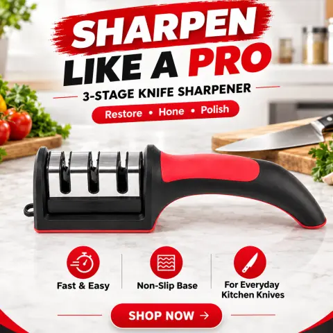 Premium 3-Stage Knife Sharpener – Safe, Non-Slip Base, Ergonomic Handle – For All Steel Knives, Scissors & Ceramic Blades – Kitchen Knife Sharpening Tool