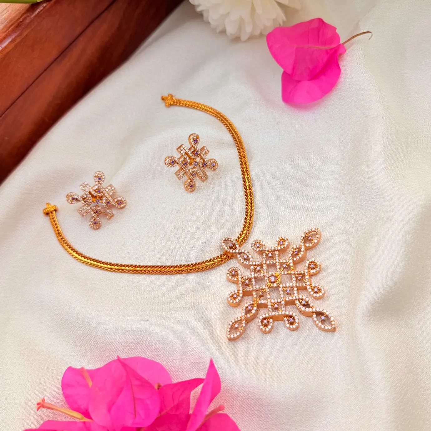 CZ Kolam / Rangoli Motif Statement Pendant Necklace Set – Micro-Pave Cubic Zirconia & Matching Stud Earrings SJAD039