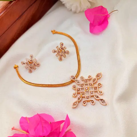 CZ Kolam / Rangoli Motif Statement Pendant Necklace Set – Micro-Pave Cubic Zirconia & Matching Stud Earrings SJAD039