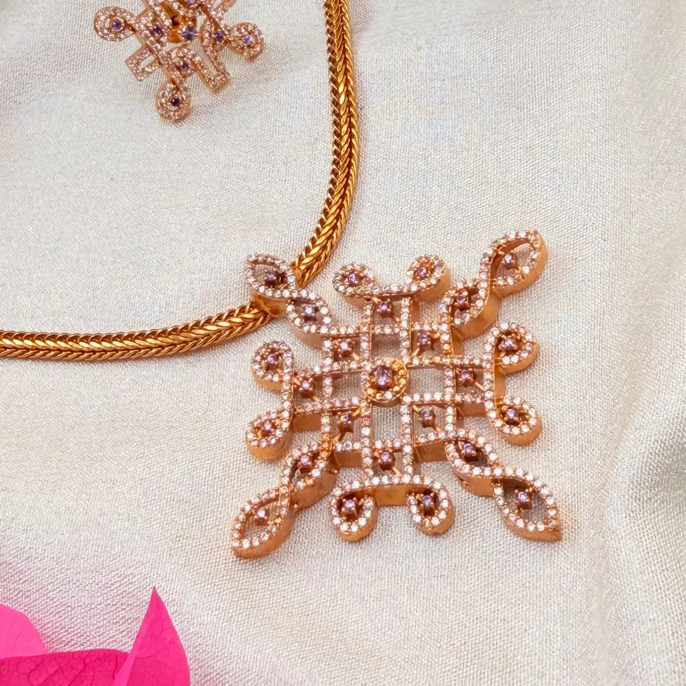 CZ Kolam / Rangoli Motif Statement Pendant Necklace Set – Micro-Pave Cubic Zirconia & Matching Stud Earrings SJAD039
