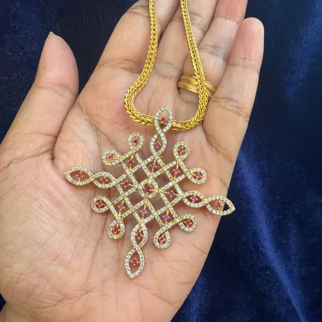 CZ Kolam / Rangoli Motif Statement Pendant Necklace Set – Micro-Pave Cubic Zirconia & Matching Stud Earrings SJAD039
