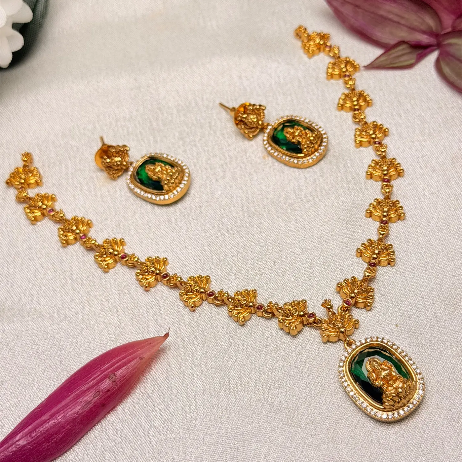 Divine Emerald Lakshmi Temple Necklace Set
