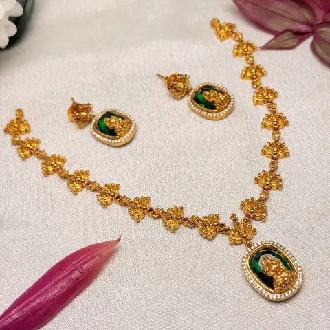 Divine Emerald Lakshmi Temple Necklace Set