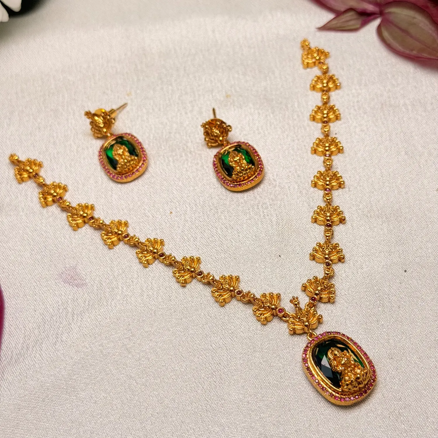 Divine Emerald Lakshmi Temple Necklace Set