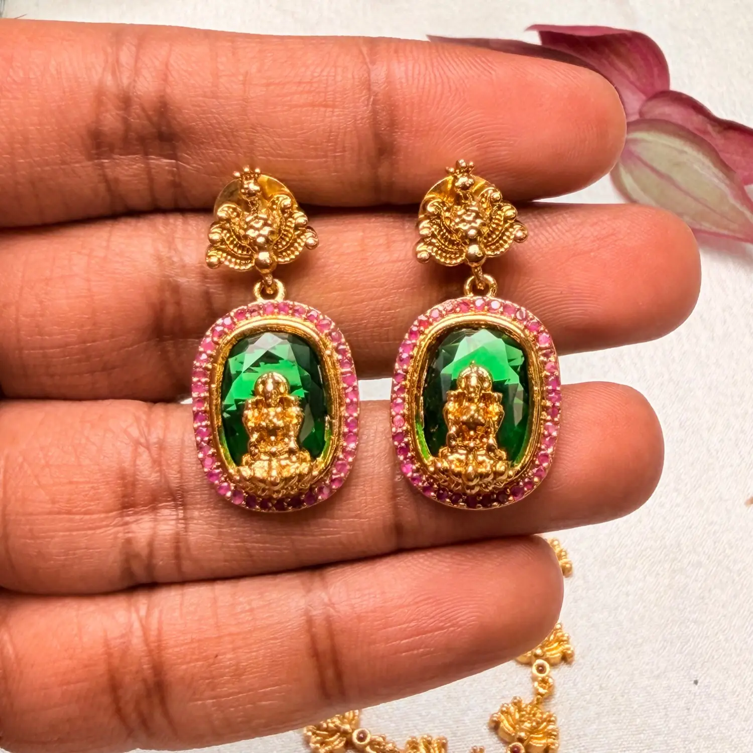 Divine Emerald Lakshmi Temple Necklace Set