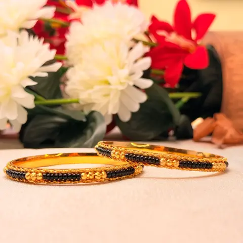 Auspicious Black Bead & Gold Filigree Bangles