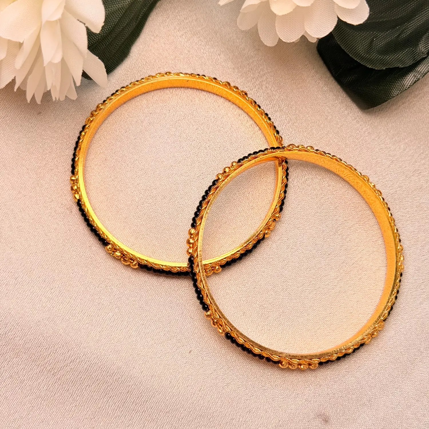 Auspicious Black Bead & Gold Filigree Bangles