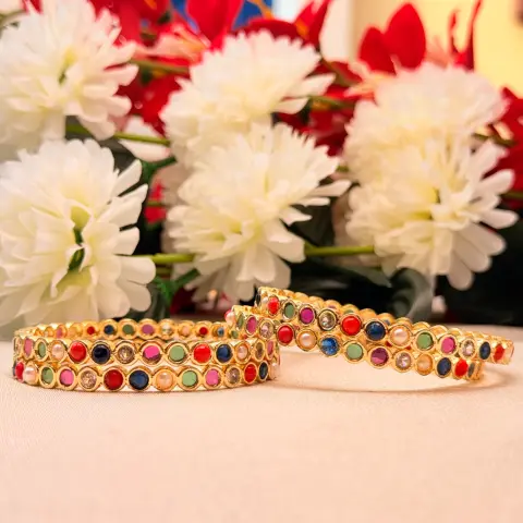 Navratna Multi-Gemstone Bezel Bangles