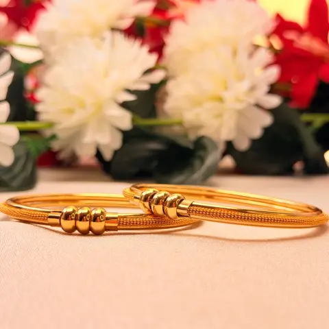 Triple Bead Accent Gold-Plated Wire Bangles