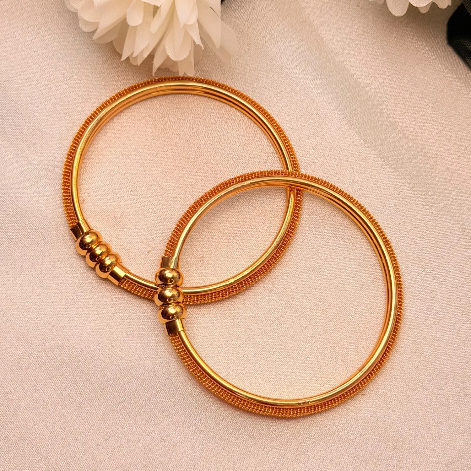 Triple Bead Accent Gold-Plated Wire Bangles