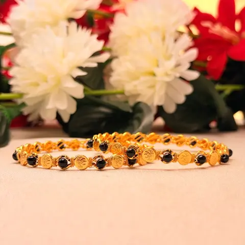 Auspicious Black Bead & Coin Motif Bangles