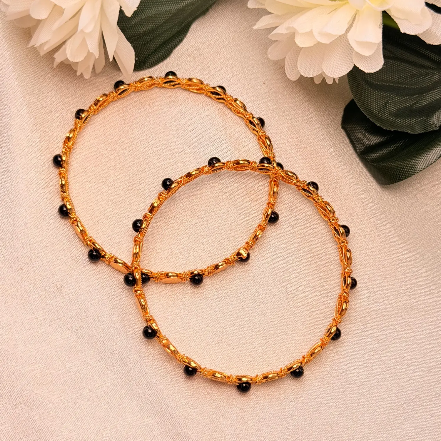 Auspicious Black Bead & Coin Motif Bangles